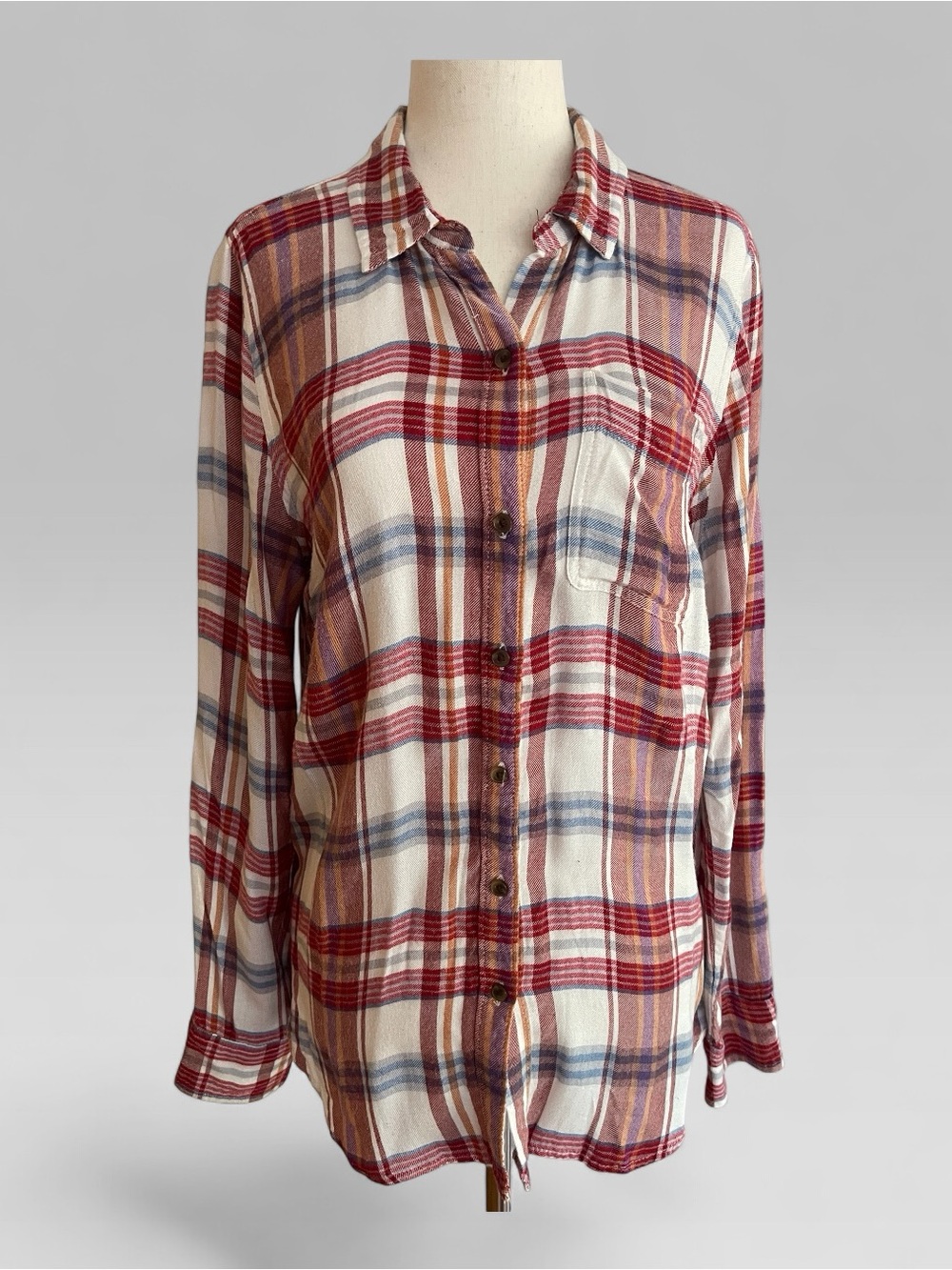 Lucky Brand Small Plaid Split Back Button Shirt Hi Low